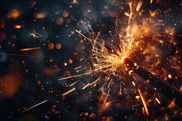 Obraz premium Closeup of sparkler emitting bright sparks on black background.