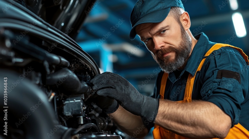 Poster mechanic working on the engine of a car in a garage, highlighting the technical skills and hands-on 