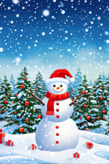 Cheerful snowman wearing a Santa hat and scarf in a snowy forest with decorated Christmas trees, festive atmosphere with falling snow. Generative AI