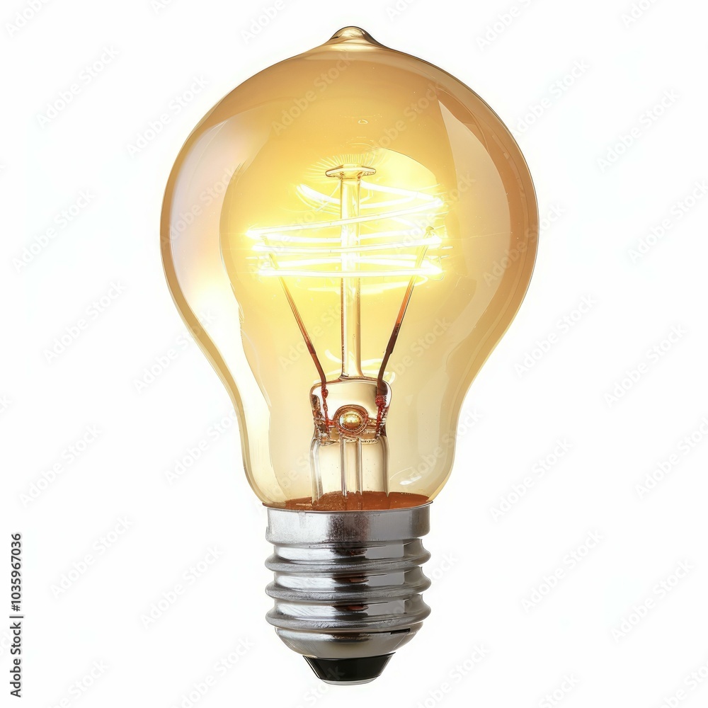 Poster light bulb glowing with a visible filament is isolated on a white background