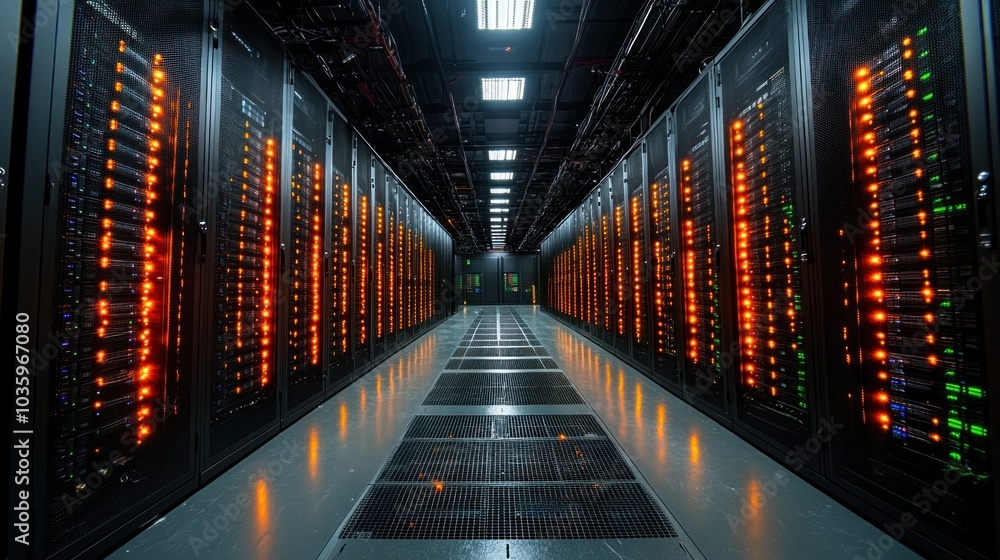 Poster servers and cloud infrastructure in a data center, showcasing the backbone of modern digitalization 
