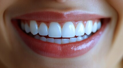Obraz premium The picture shows a close-up of a person smiling broadly, highlighting their perfectly aligned, white teeth and glossy, healthy lips, reflecting joy and confidence