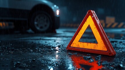 Bright traffic warning triangle stands prominently in the wet street on a rainy evening, reflecting city lights and indicating a potential hazard to passing vehicles