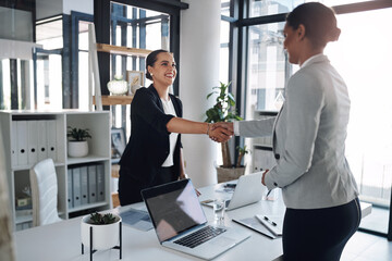Office, business people and smile with handshake for agreement, finance deal or partnership....