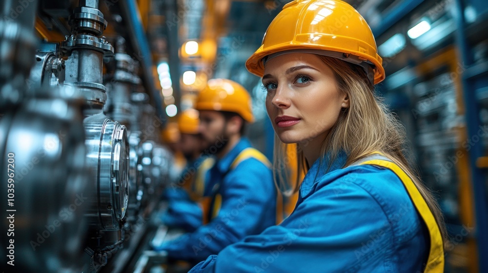 Poster team of workers assembling complex machinery in a factory, illustrating teamwork and precision in in