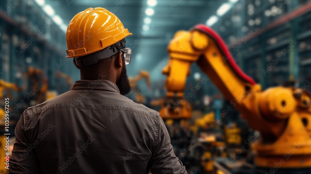 Poster a worker in a safety helmet and glasses stands with his back facing advanced robotic arms operating 