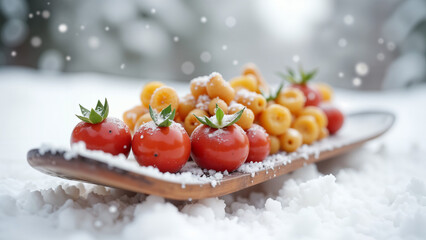 Winter Delights: A Unique Presentation of Food on a Snowboard Highlighting Winter Fun and Culinary Creativity