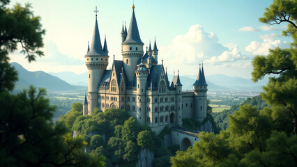 Obraz premium A Picturesque Castle-Like Building Set Against a Beautiful Skyline Evoking Wonder and Fantasy