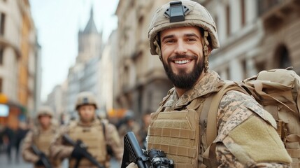 A soldier in camouflage gear shares a smile with comrades in a bustling historic city, highlighting camaraderie and military presence during the day
