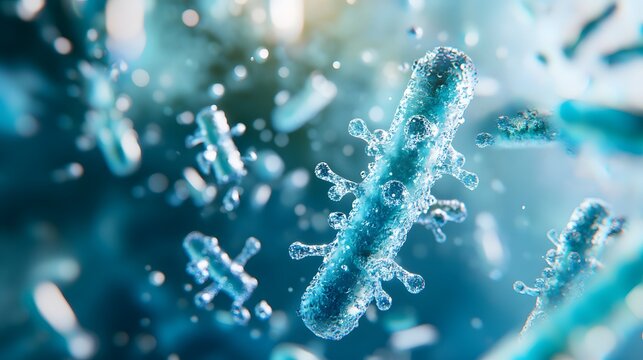 Microscope view of disease bacteria and treatment elements, with a clear fluid background and cool, diffused lighting, realistic style with detailed textures, scientific and clinical mood