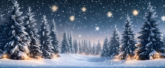 Christmas banner. Beautiful night scene with a snowy landscape and a starry sky. The scene is dominated by tall, snow-covered pine trees.
