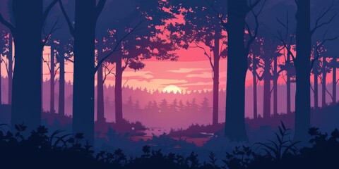 Silhouette type forest line having several horizon layers in perspective.