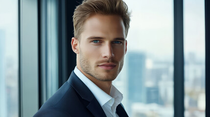young man with short light brown hair and neat beard stands confidently in modern office with large windows, overlooking cityscape. His expression is calm and focused