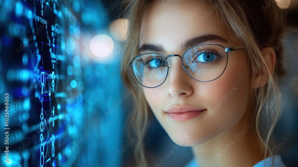 Poster a young woman wearing glasses gazes thoughtfully while interacting with an illuminated digital displ