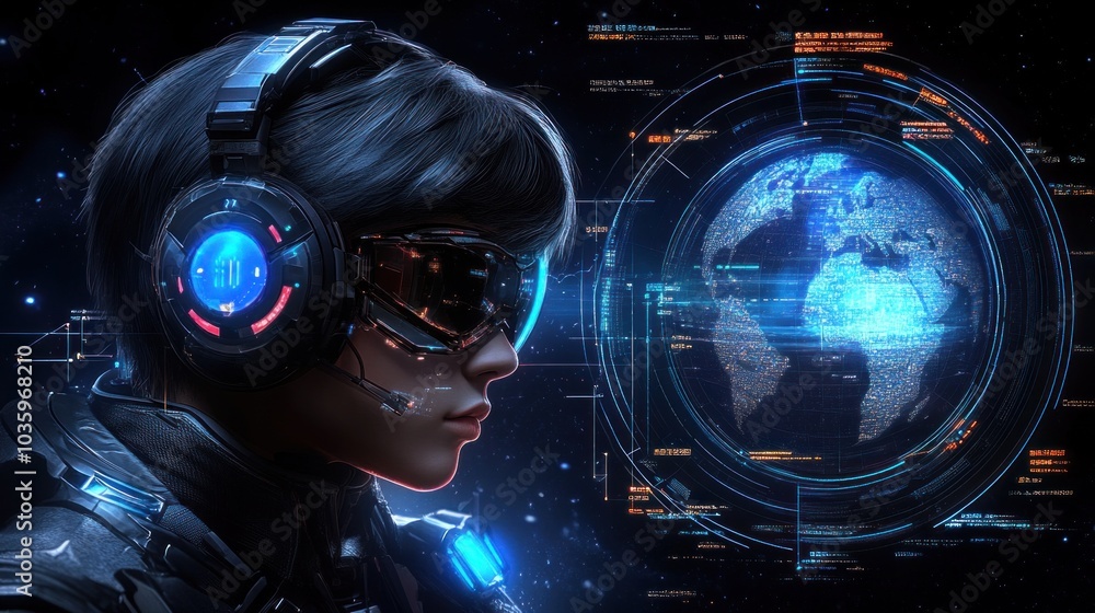 Poster a youthful gamer is deeply focused while wearing high-tech headgear, exploring a virtual environment
