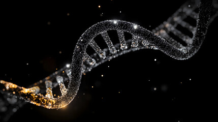 A close up of a DNA strand with a black background. The image is abstract and has a moody atmosphere