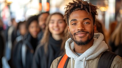 Obraz premium Man waiting in line at a crowded coffee shop during rush hour, highlighting the small delays and frustrations in daily routines