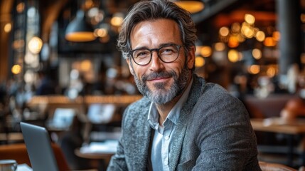 Obraz premium A man with glasses and a beard smiles while working on his laptop in a bustling cafe. The late afternoon sunlight creates a warm and inviting atmosphere, filled with people enjoying their time