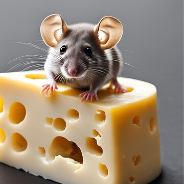 Peque&ntilde;o ratoncito sobre un trozo de queso.