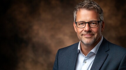 A confident professional man wearing glasses smiles warmly, dressed in a business suit, with a blurred textured background enhancing his approachable demeanor in a corporate environment