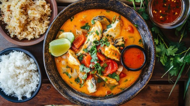 A delectable platter of Brazilian moqueca de peixe, fish stew made with coconut milk, tomatoes