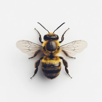 Close-up of a detailed bee on a white background showcasing wings and body texture