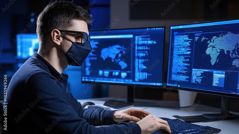 Poster a person wearing glasses and a mask sits at a desk with multiple monitors, typing and reviewing codi