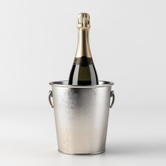 Champagne bottle in silver ice bucket for celebration and chilling at party