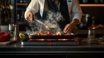 Chef Preparing Gourmet Dish on Live Induction Cooktop During Culinary Competition