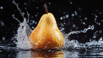 A vibrant green pear plunges into a splash of water against a blue background, creating dramatic splashes and ripples around it. The water droplets and waves are frozen in mid-motion, 