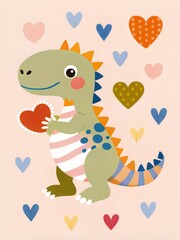 Obraz premium Hand drawn Valentine’s day card with cartoon little cute dinosaur holding a heart. illustration for poster or print decoration.