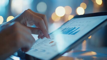 Close up of hands using tablet, colleagues collaborating at desk with financial documents, graphs in office setting