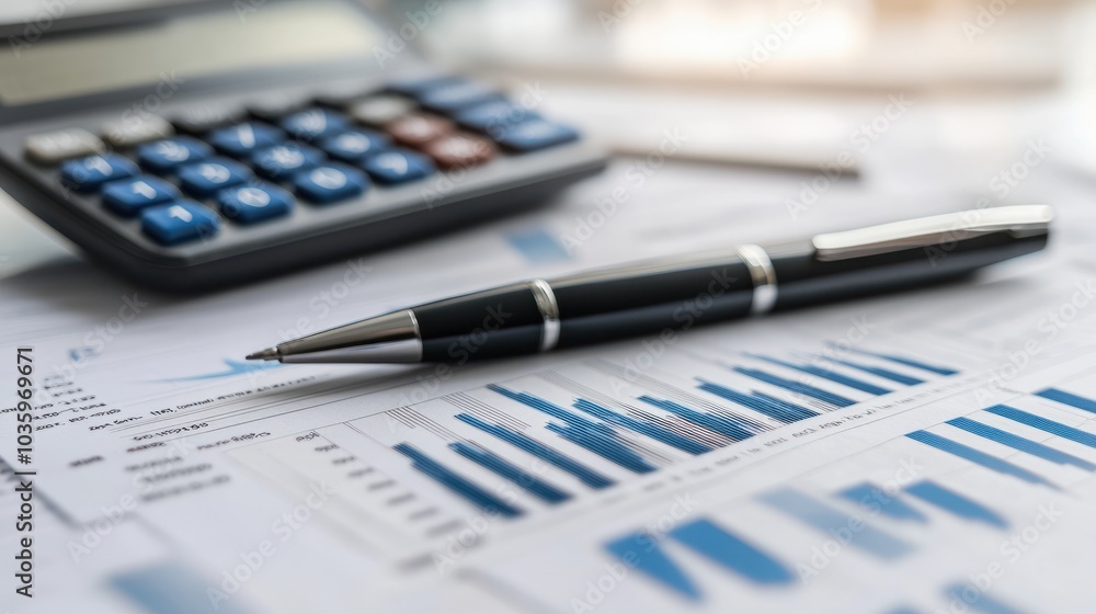 Poster close-up of a pen and calculator on financial documents, emphasizing calculation and analysis.