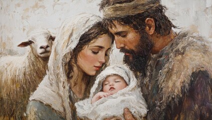 Jesus, Joseph, Mary and sheeps in the barn.  © SandrisK