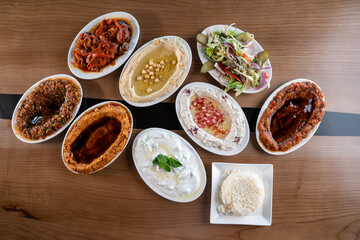 Various appetizers of Middle Eastern cuisine.