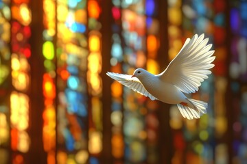 Holy spirit like white dove flying in church.