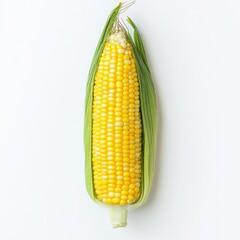 Fresh ear of corn with vibrant yellow kernels and green husks on white background