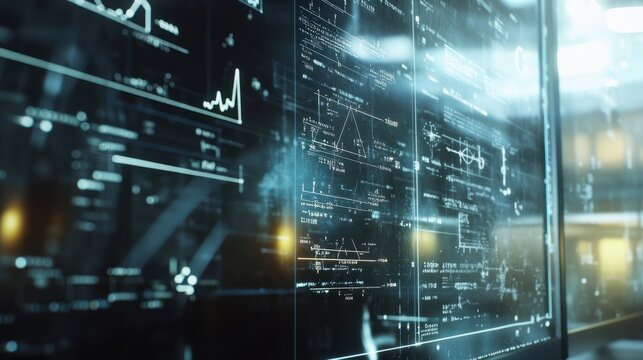 Close-up of intricate science formulas on a transparent computer screen, bright and precise. 32k, full ultra hd, high resolution
