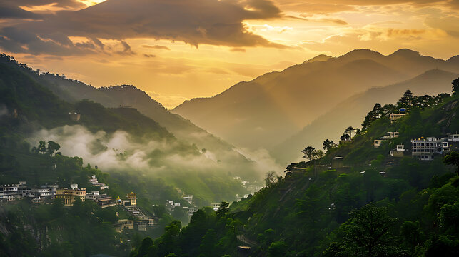 scenic mountain sunrise, the vaishno devi shrine stands out in silhouette against lush greenery, framed by layers of mountains, with a cinematic early morning golden light and dramatic sky