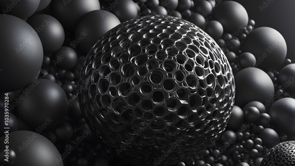 Poster dark matter sphere: abstract 3d render of black sphere with pores surrounded by smaller spheres