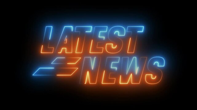 4K Video motion graphic animation. Glowing neon line Latest News Text isolated on black background. Latest news neon sign. Breaking News Title Bar Text for Business, Social Media, Tv Station, Website.