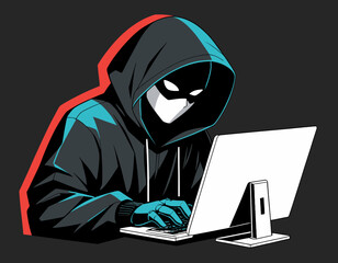 hacker with laptop computer isolated on white background