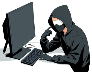 hacker working on computer isolated on white background