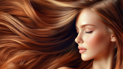 Naklejka premium Elegant Portrait of a Woman with Flowing Chestnut Hair