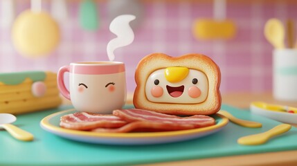 A smiling piece of toast with an egg inside, a mug of coffee, and bacon on a plate are on a turquoise table.