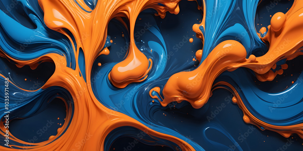 Poster abstract fluid art: a mesmerizing dance of vibrant blue and orange paint swirls and drips, creating 