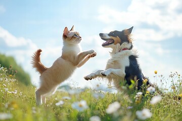 Happy cat and dog playing together in the park on a sunny day with nature background new beautiful stock image illustration AI
