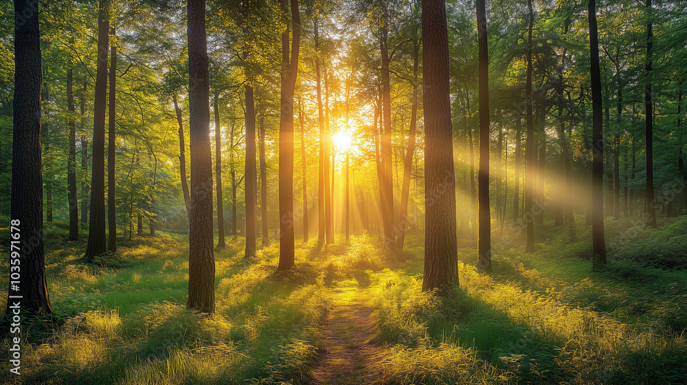 Wall mural A forest with trees and sunlight shining through the leaves