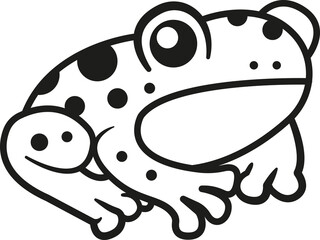 Simple black and white outline drawing of a frog with large eyes, a wide mouth, and spots on its body.

