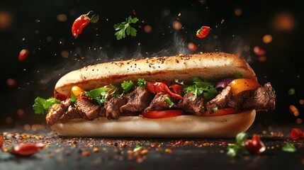 fresh grilled beef turkish or chicken arabic shawarma doner sandwich with flying ingredients and spices hot ready to serve and eat food commercial advertisement menu banner with copy space area